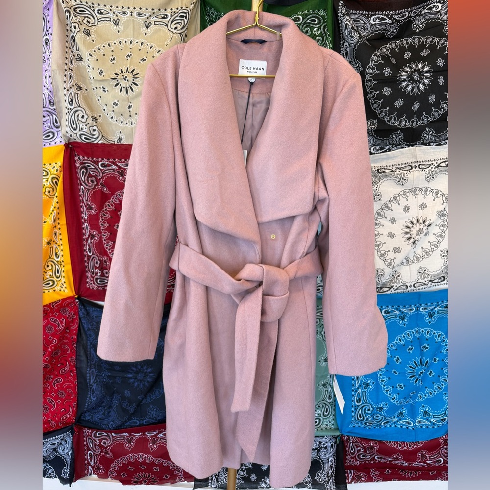 NWT COLE HAAN Wool blend Dusty Blush Pink Slick Wrap Tie Waist Coat